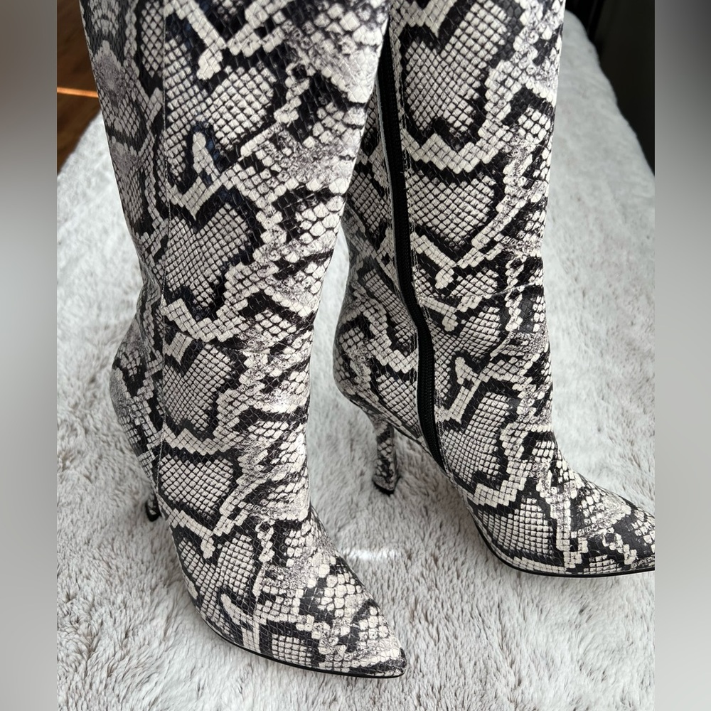 Gianni Bini Black and White Snakeskin Knee-High Heeled Boots - Picture 5 of 5